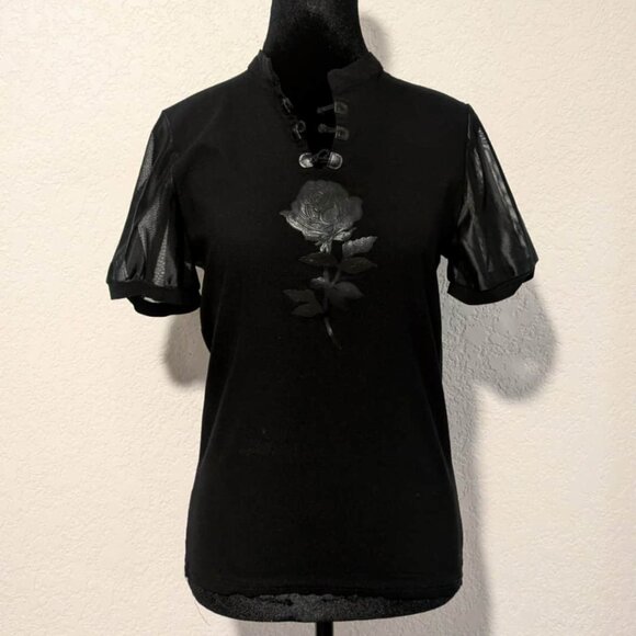 Black Gothic Rose Medieval Top w/ Knot Closures & Mesh Satin Sleeves - Picture 1 of 2